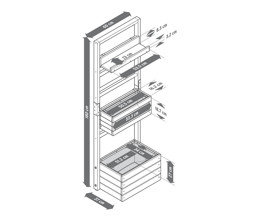 Nákres stojana na kvetináče »Elin« s možnosťou ľubovoľného zavesenia regálov a rozmermi.