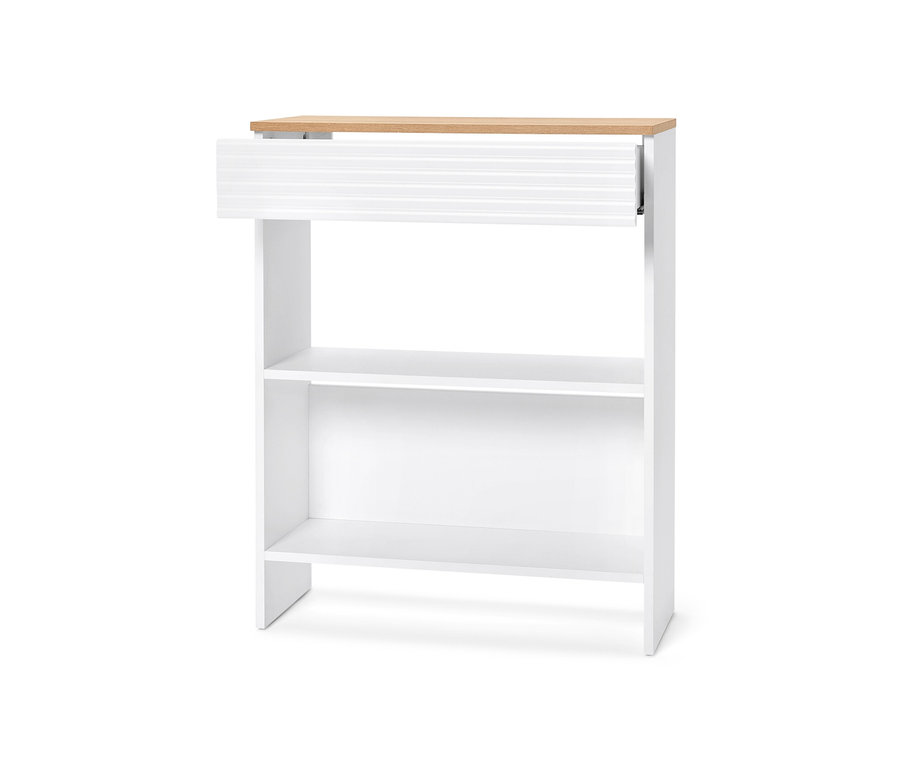 Detail konzolového stolíka so zásuvkou, biely nábytok s drevenou doskou a otvorenými policami.
