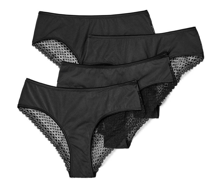Štyri čierne brazílske nohavičky s čipkou.