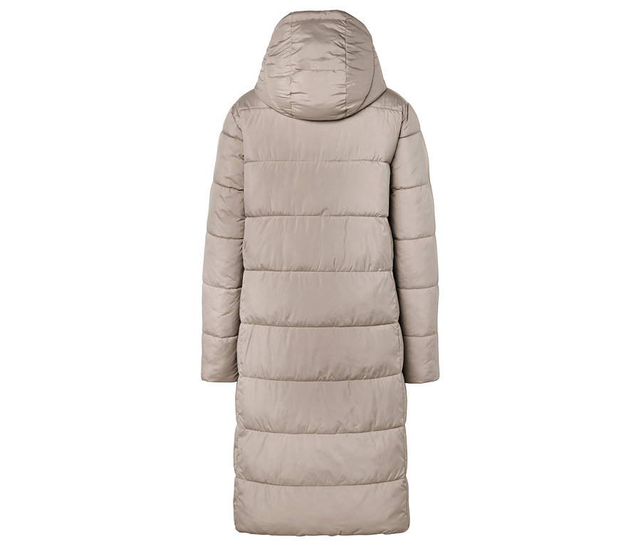 Béžová prešívaná bunda s kapucňou, pohľad zozadu.