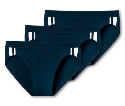 Tri tmavomodré slipy SCHIESSER, 3 ks, naskladané na sebe.