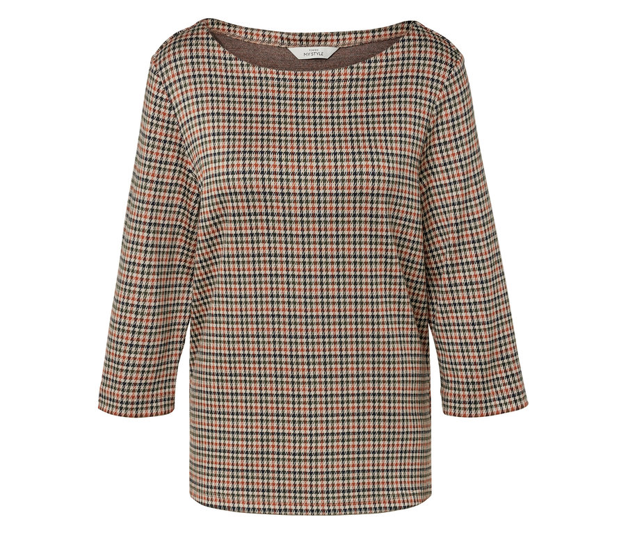 Kockovaná blúzka s trojštvrťovými rukávmi a lodičkovým výstrihom.