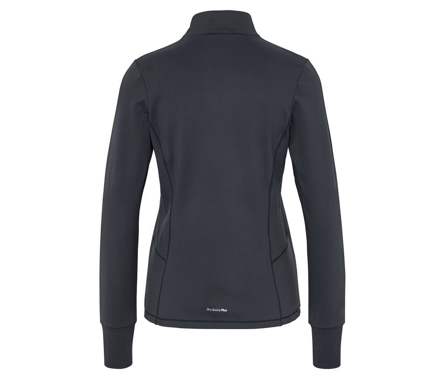 Tmavosivá športová bunda s dlhými rukávmi, zapínaním na zips a nápisom Dry Active Plus vzadu.