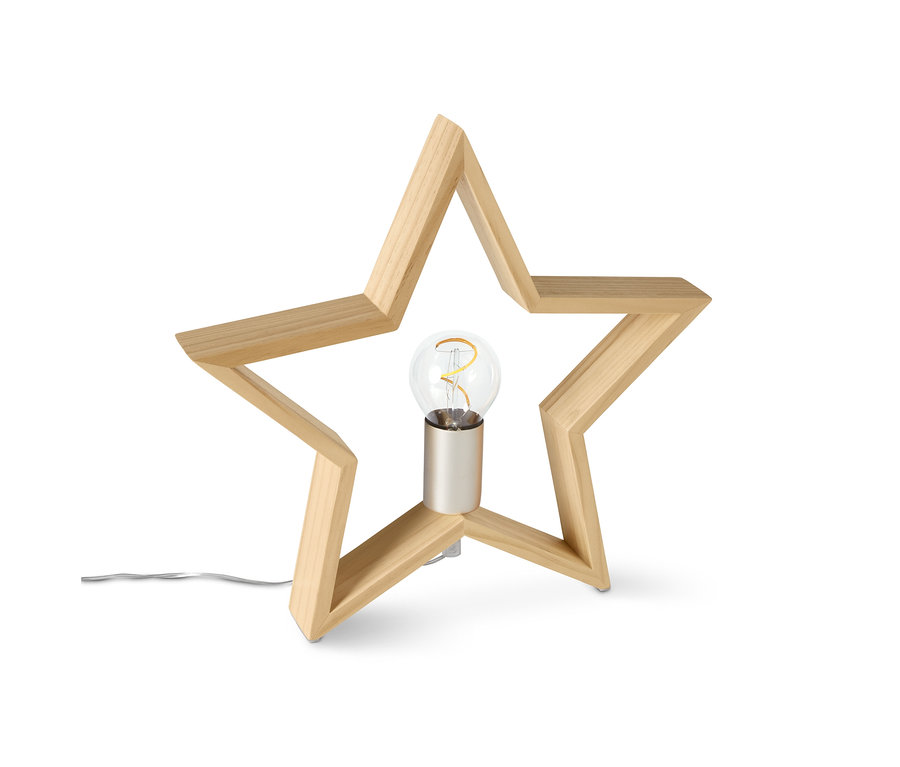 Drevená hviezda s LED žiarovkou uprostred.