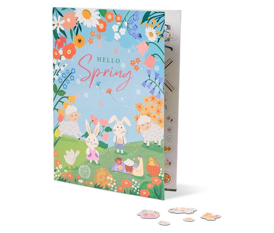 Ilustrácia knihy s názvom "Hello Spring" s ovcami, králikmi, kvetmi a piknikovou dekou.