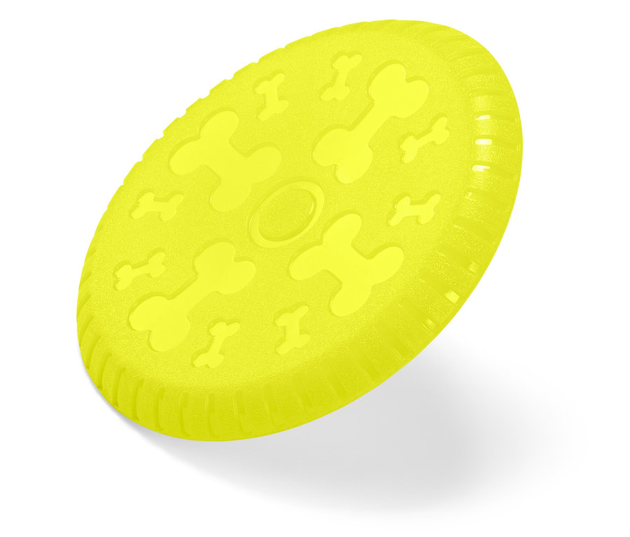 Žlté frisbee pre psov s reliéfom kostí na bielom pozadí.