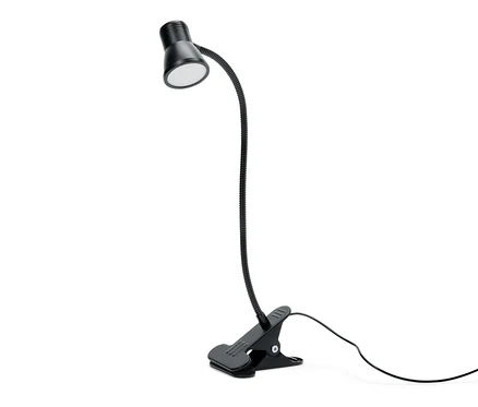 Čierne LED svetlo so svorkou na bielom pozadí.