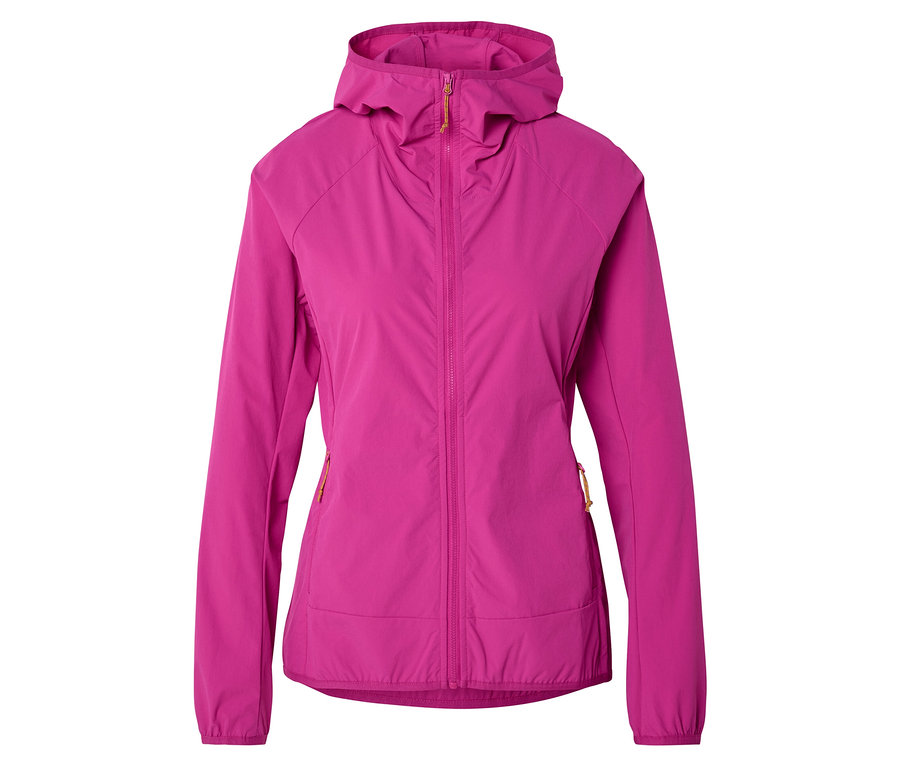 Ružová, zateplená bunda s kapucňou a zipsom.