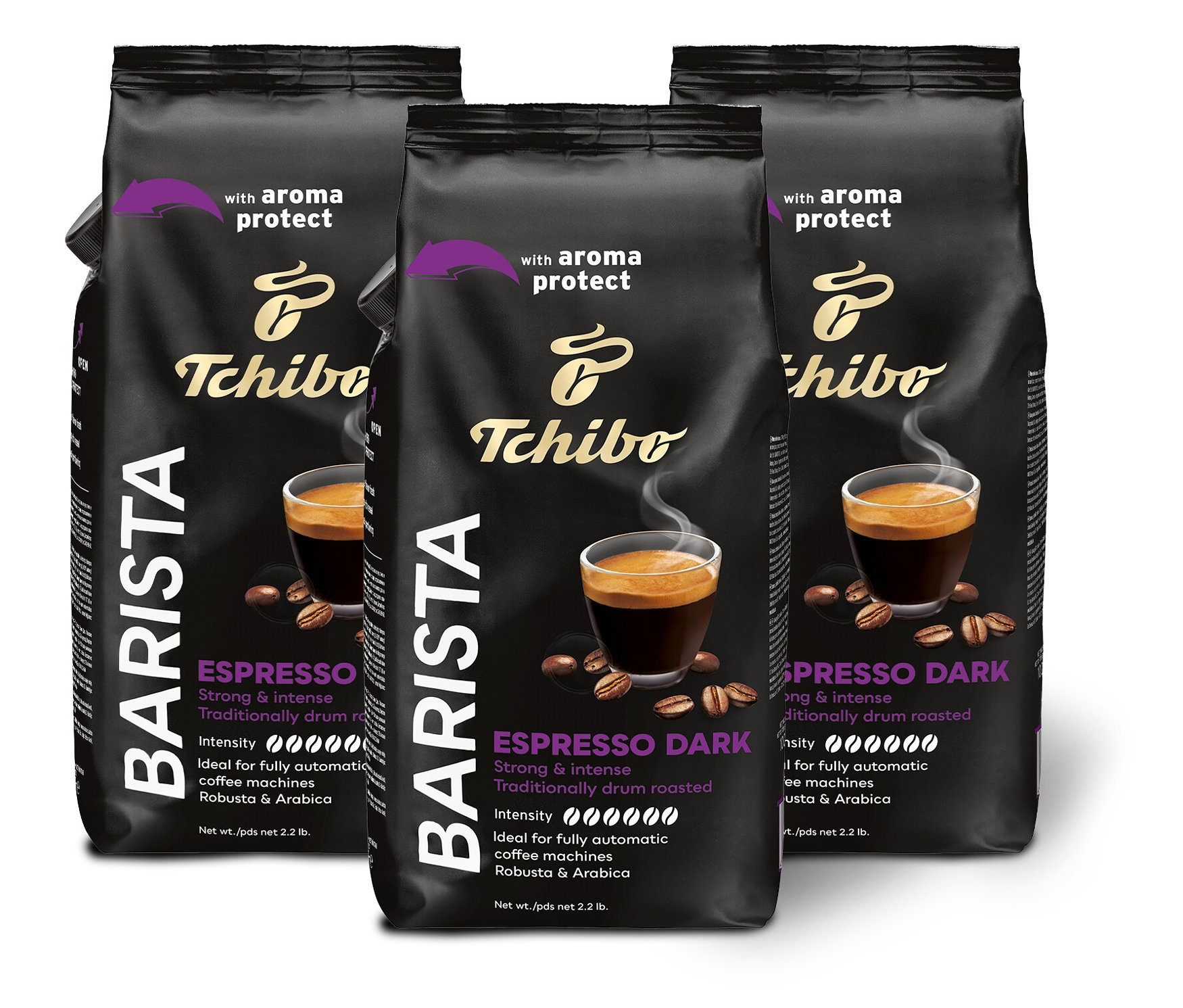 Tri balenia BARISTA Espresso Dark – 3 x 1 kg zrnkovej kávy stoja na bielom pozadí.