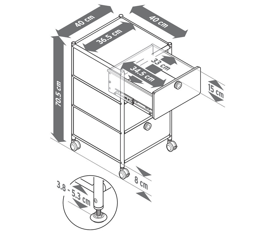 Nákres mobilného kontajnera »CN3« s 3 zásuvkami, jedna je otvorená. Rozmery sú uvedené v centimetroch.
