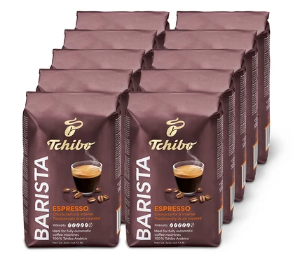 Desať hnedých balení zrnkovej kávy BARISTA Espresso usporiadaných v dvoch radoch.