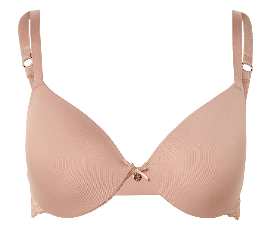 Telová podprsenka s nastaviteľnými ramienkami, mašličkou a malým zlatým príveskom v strede.