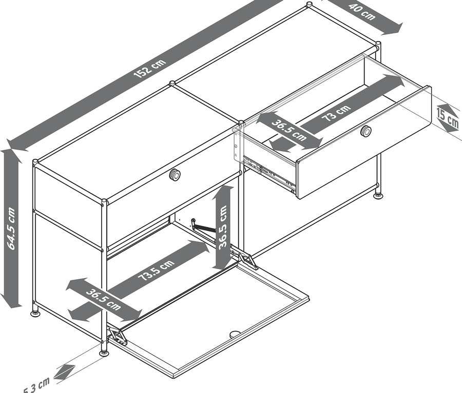 Čiernobiela schéma skrine s rozmermi.