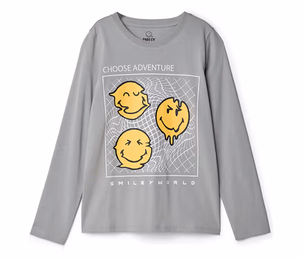 Sivé detské tričko s dlhým rukávom SMILEYWORLD® s potlačou: tri zdeformované žlté smajlíky v bielom ráme, nad ním "CHOOSE ADVENTURE", pod ním "SMILEY WORLD".