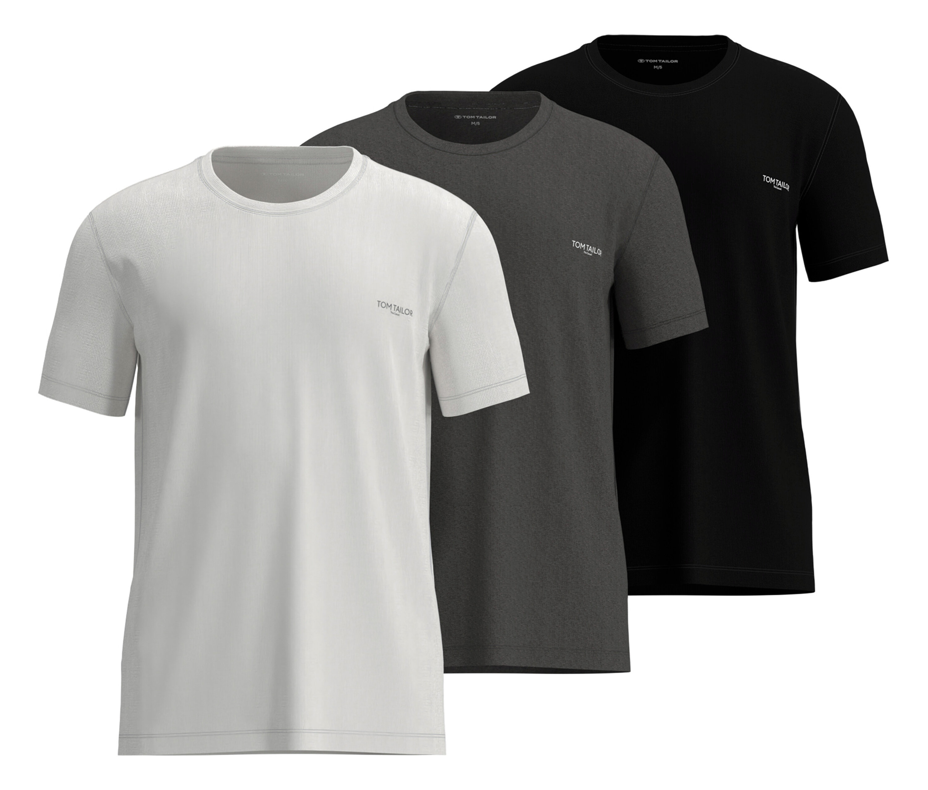 Tričko Tom Tailor »Ohio«, 3 ks, viacfarebné, biele, sivé a čierne, sú naukladané na sebe.
