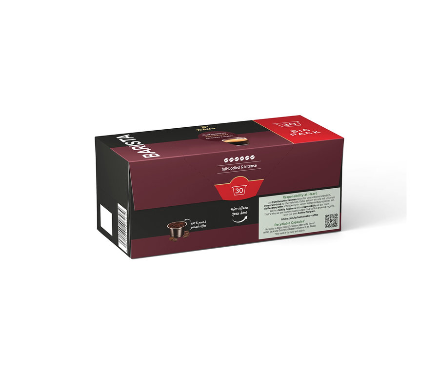 Tmavá červená škatuľa kapsúl Tchibo Barista s nápisom „full-bodied & intense“ a poznámkou „Otvorte tu“.