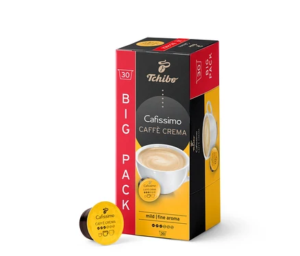 Balenie 30 kapsúl Caffè Crema jemná. Krabička je červeno-čierno-žltá. Kapsula leží vedľa balenia.