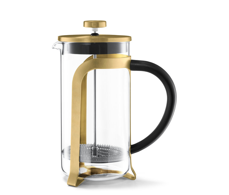 Zlatá kanvica french press s objemom 800 ml na 6 šálok s čiernou rúčkou na bielom pozadí.
