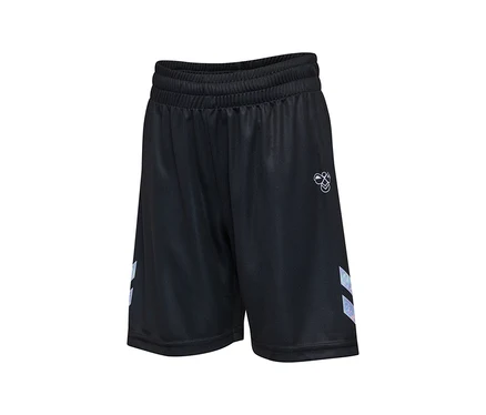 Čierne šortky hummel® HML Shimmer Shorts s elastickým pásom, bielym logom a trblietavými pruhmi v tvare šípok po stranách.