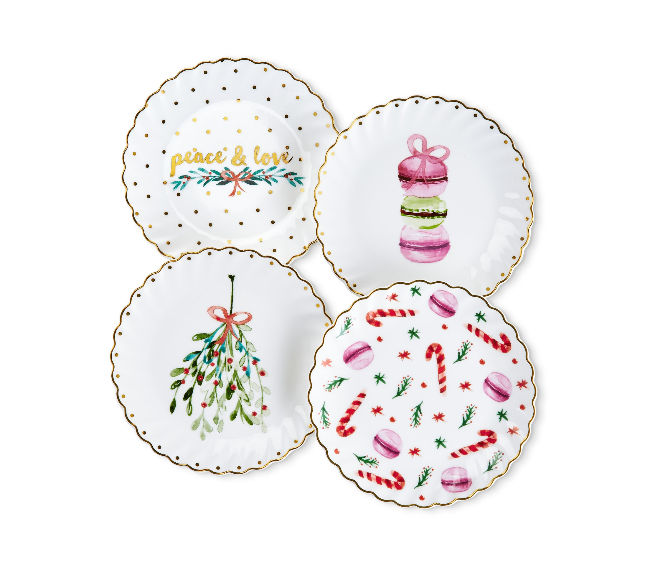 Štyri dezertné taniere s lesklým zlatým dekorom. Na tanieroch sú motívy vianočných ozdôb, makróniek a nápis Peace & Love.