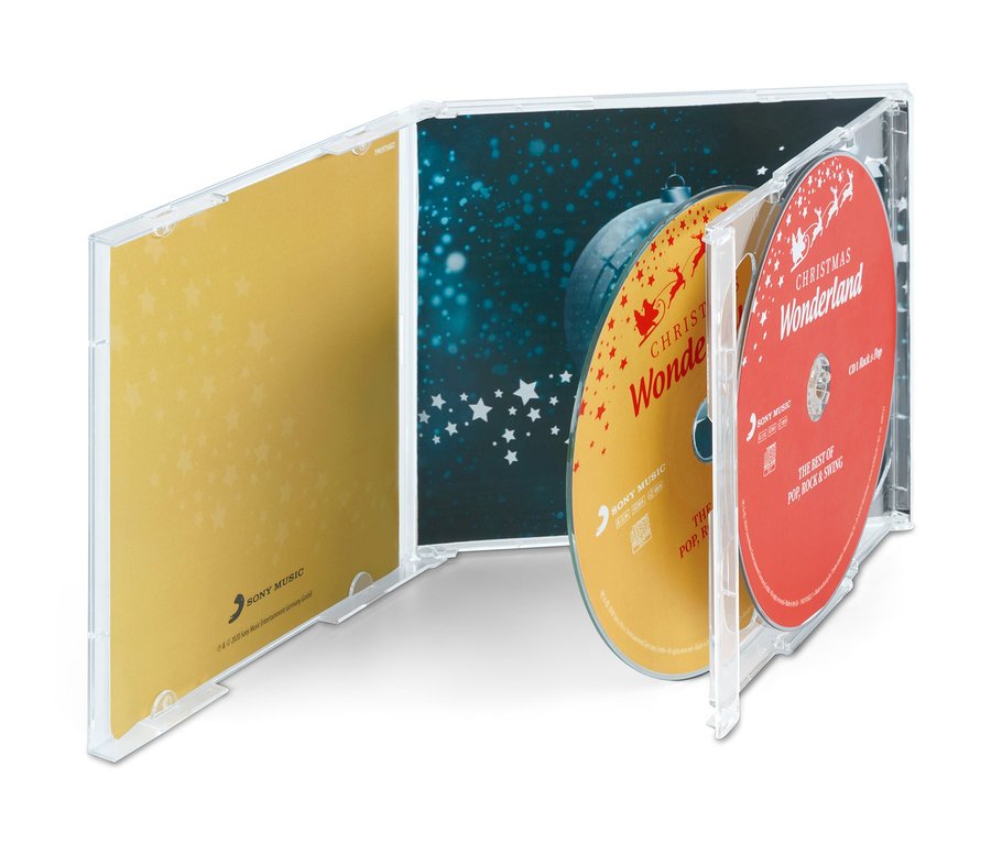 Otvorené CD puzdro »Christmas Wonderland« so žltým a červeným CD.