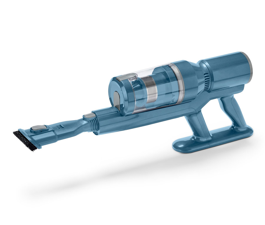 Modrý digitálny akumulátorový vysávač na bielom pozadí.