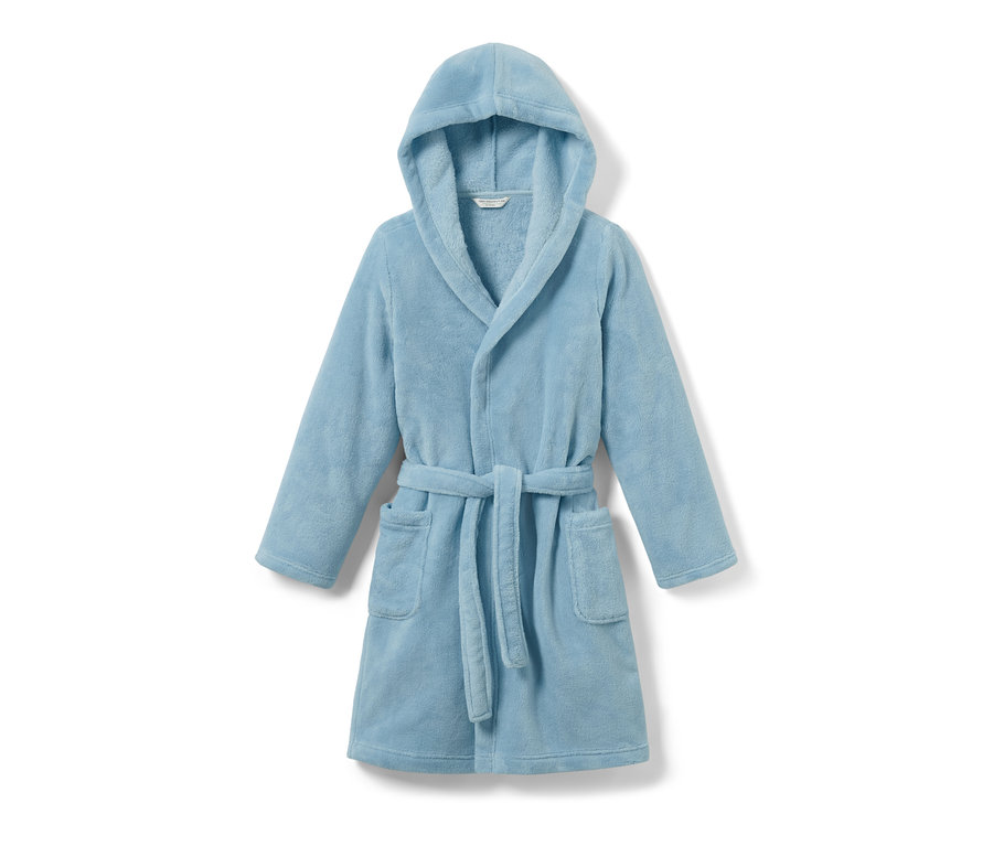 Svetlomodrý detský župan s kapucňou a opaskom.