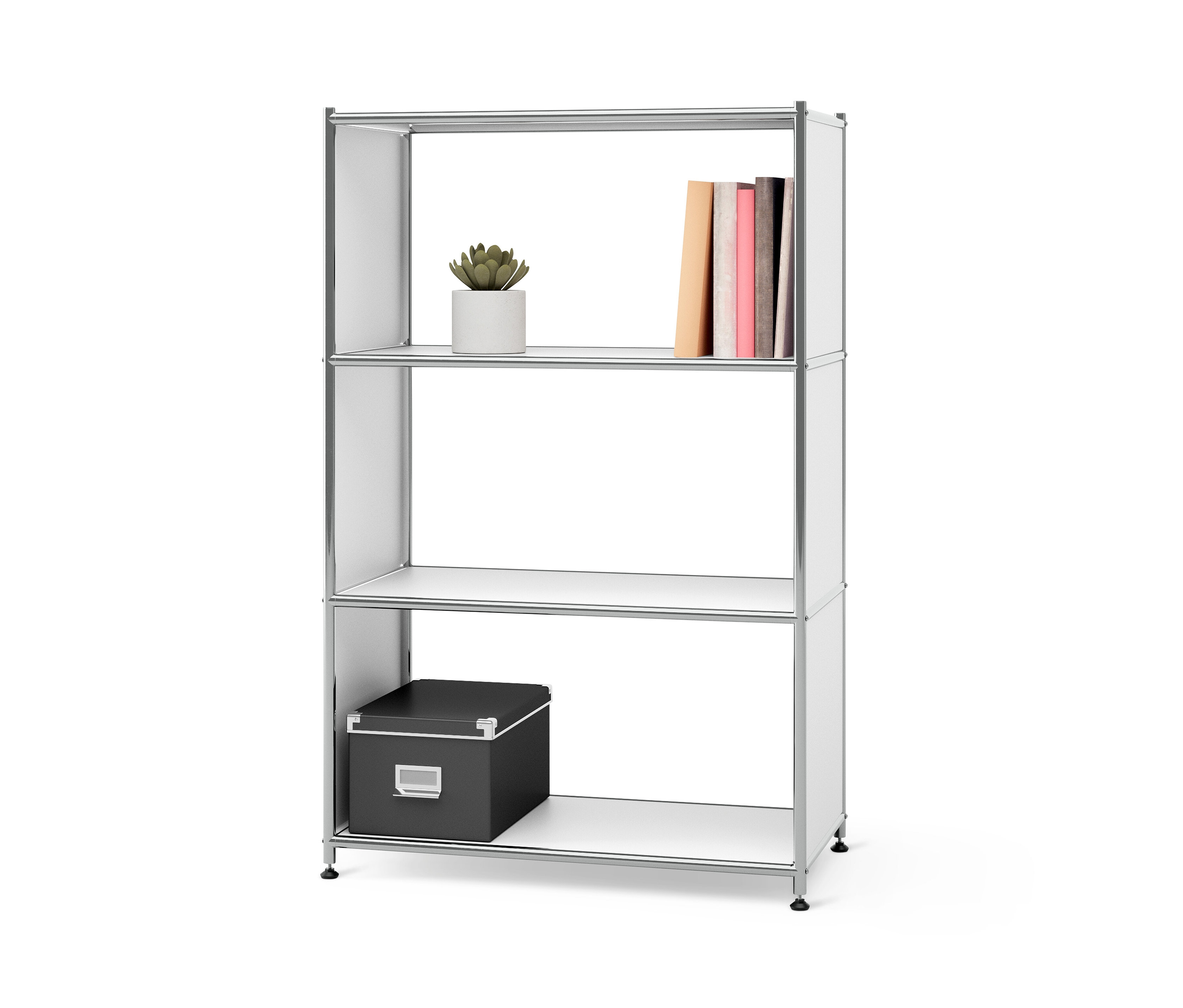 Kovový regál »CN3« s 3 priehradkami. Na hornej polici je rastlina v kvetináči a knihy. V spodnej polici je čierna krabica.