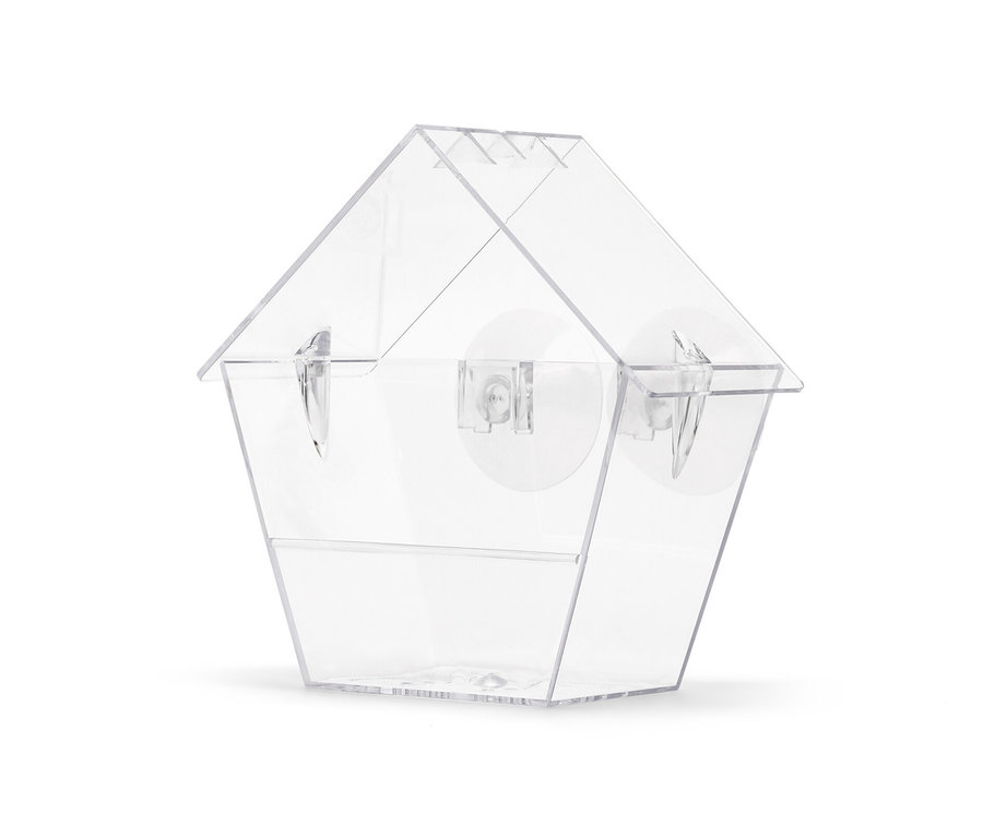 Priehľadné okenné kŕmidlo pre vtáčiky.