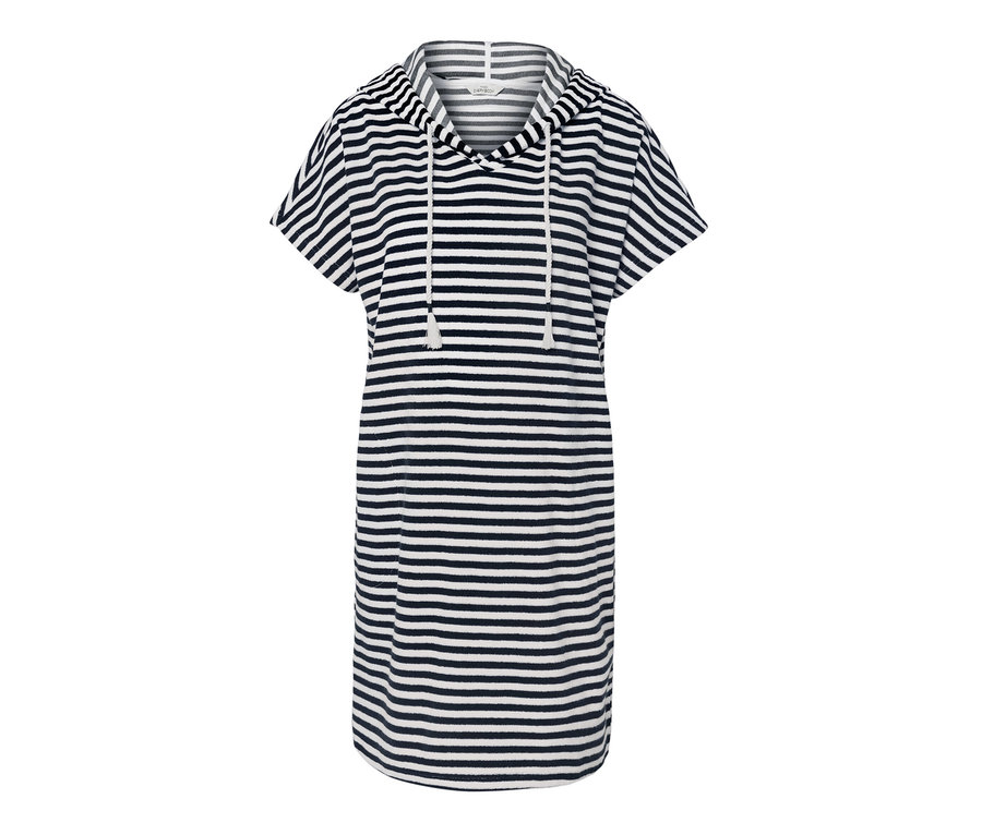 Prúžkované plážové froté šaty s kapucňou a krátkymi rukávmi.