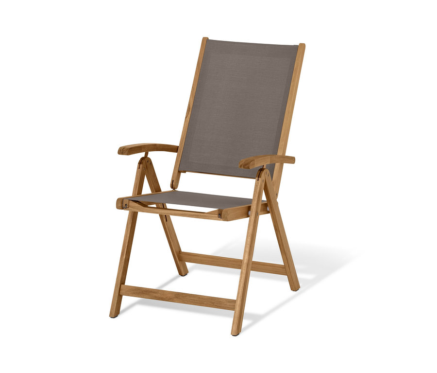 Záhradné kreslo »Lenja« s vysokým nastaviteľným operadlom, drevo a textil.