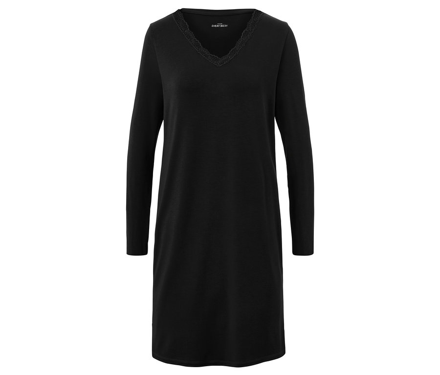 Čierna nočná košeľa s dlhými rukávmi a čipkou okolo výstrihu do V.