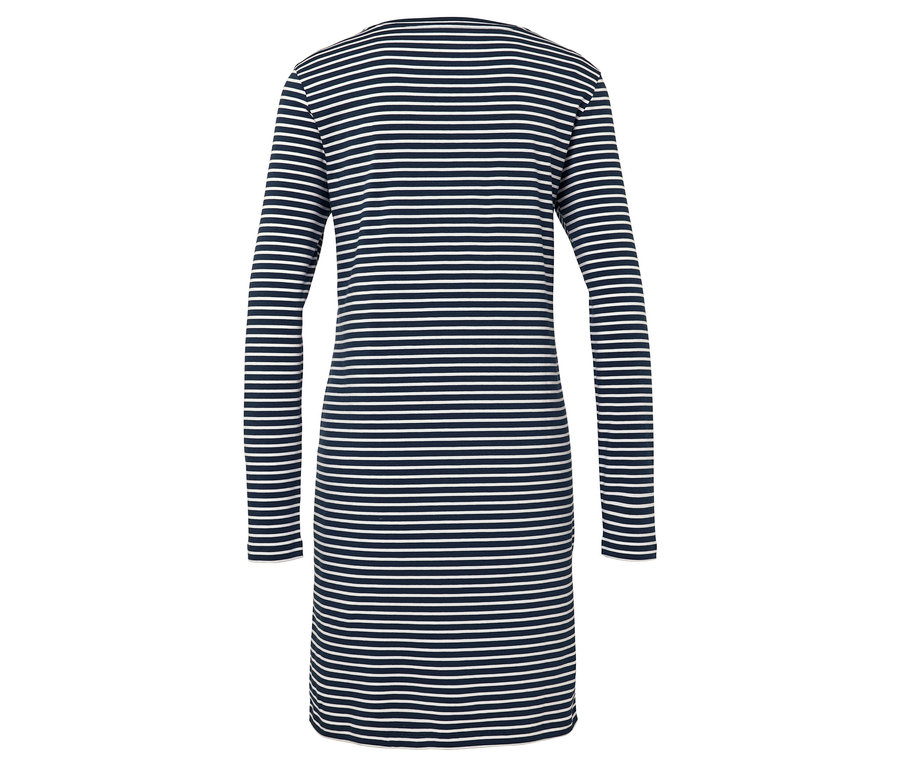 Pohľad zozadu na pruhované šaty s dlhým rukávom v námorníckej modrej a bielej farbe.