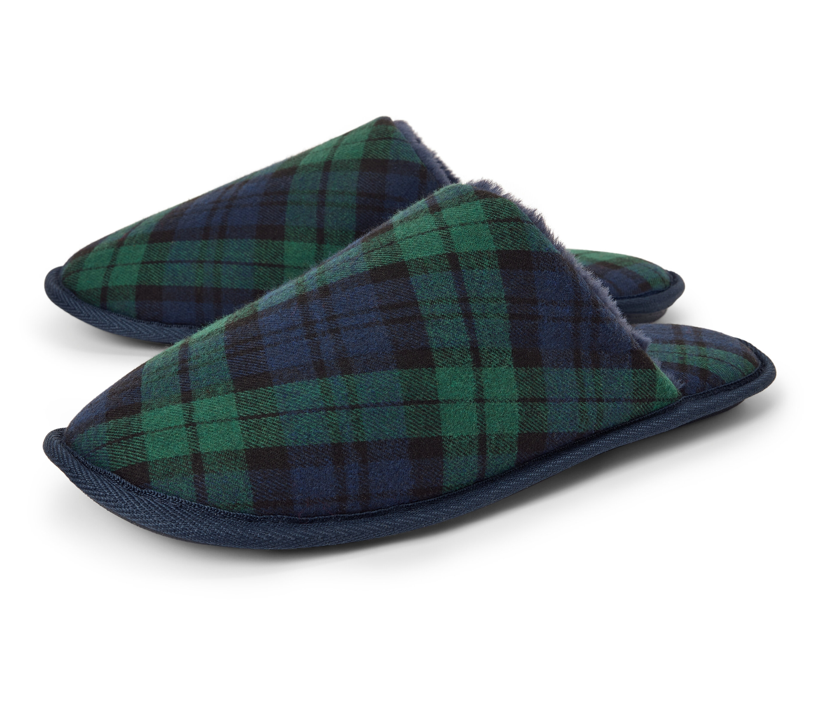 Dve modrozelené kockované papuče.