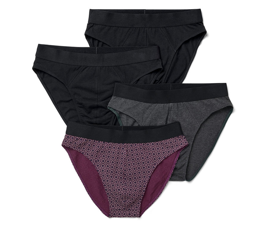 Štyri slipy: dvoje čierne, jedny sivé a jedny fialové so vzorom.