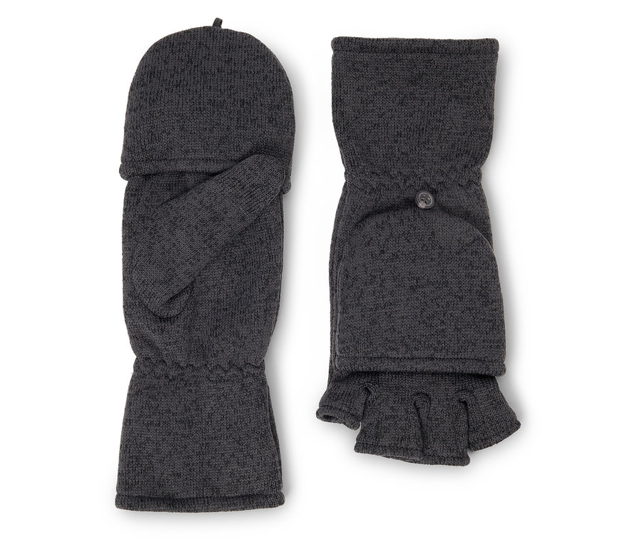 Dve sivé pletené rukavice bez prstov s preklápacou hornou časťou.