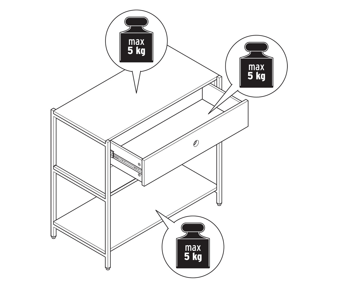 Nákres komody KLAAR s dvomi zásuvkami, pričom jedna zásuvka je otvorená.