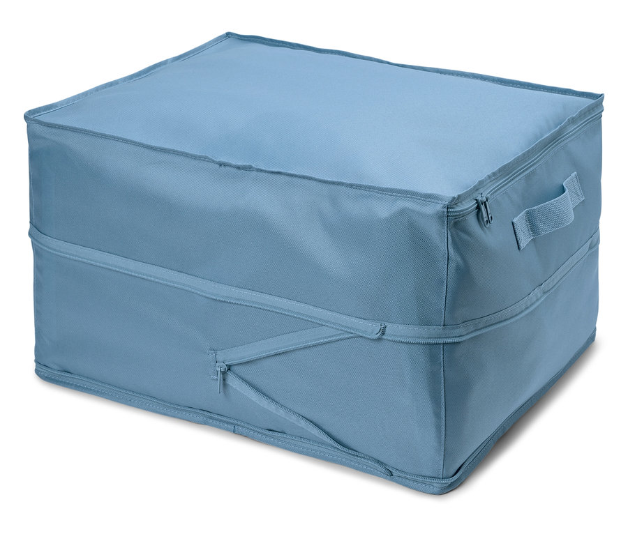 Svetlomodrý látkový úložný box so zipsom.