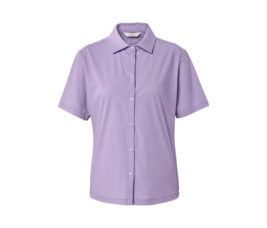 Fialová outdoorová košeľa s krátkymi rukávmi a gombíkmi.