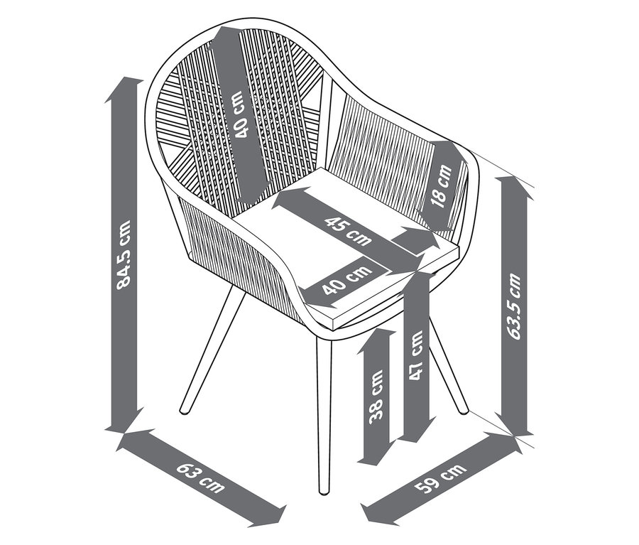 Nákres otočného jedálenského kresla s textilným výpletom a rozmermi.