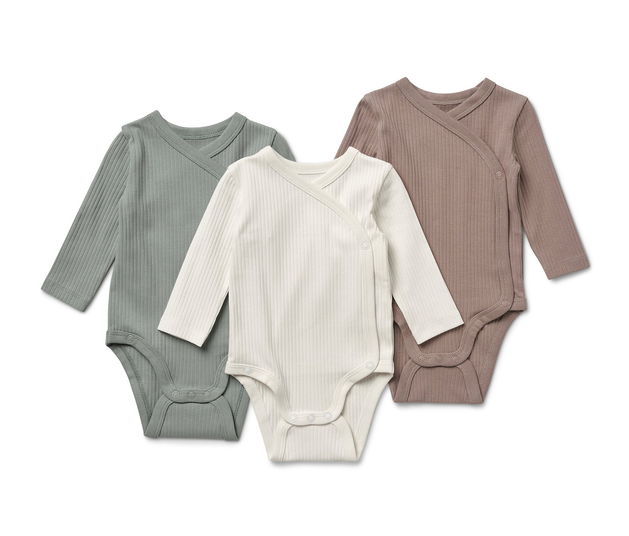 Tri detské rebrované body s dlhým rukávom v zelenej, bielej a hnedej farbe.