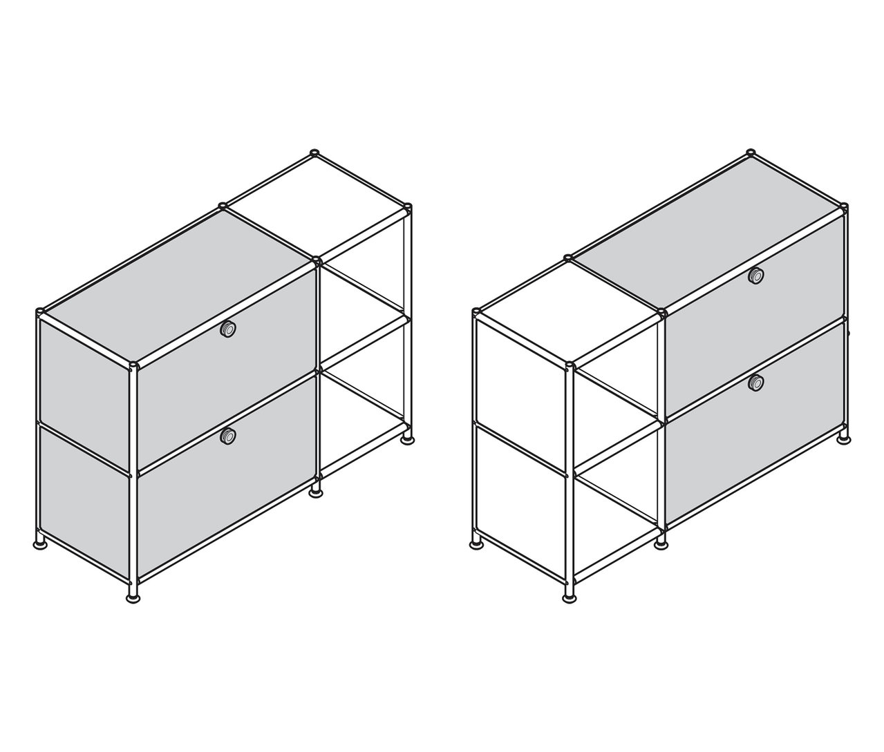 Dve kovové odkladacie skrinky »CN3« s 2 výklopnými priehradkami, jedna sivá a jedna biela.