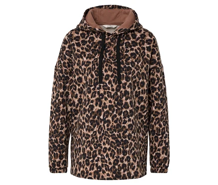 Leopardia mikina s kapucňou a šnúrkou.