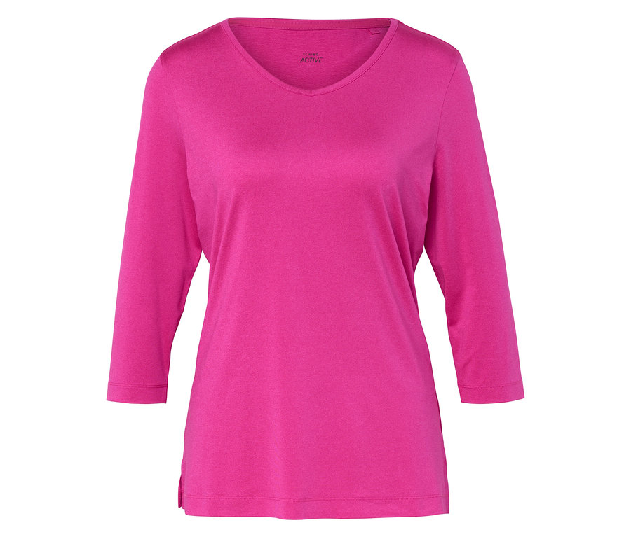 Ružové tričko s dlhým rukávom a véčkovým výstrihom leží na rovnom povrchu.