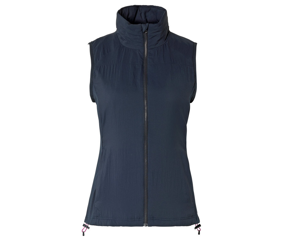 Tmavomodrá prešívaná vesta bez rukávov so zipsom po celej dĺžke a vysokým golierom.
