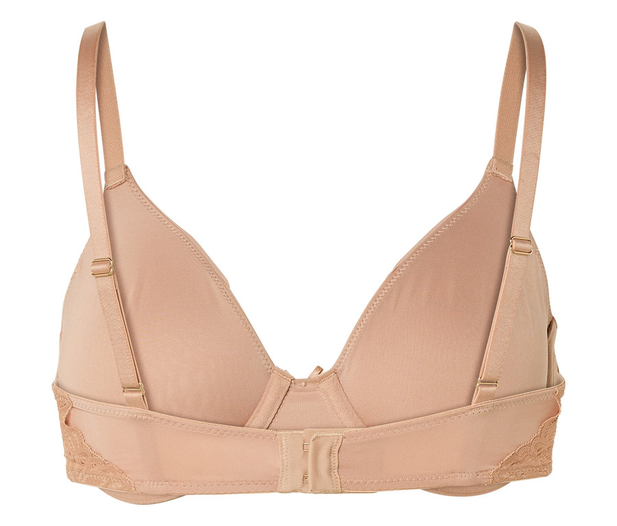 Detailný záber na zadnú časť béžovej podprsenky s nastaviteľnými ramienkami a čipkovanými detailmi.