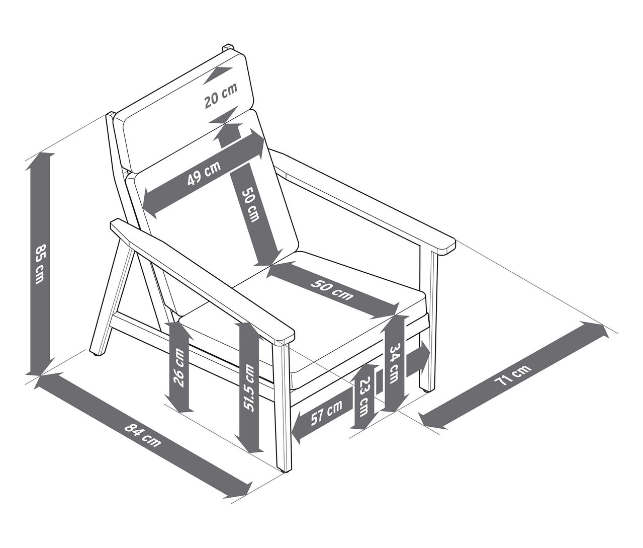 Ilustrácia pohodlného záhradného kresla s vysokým operadlom vrátane podnožky s rozmermi.