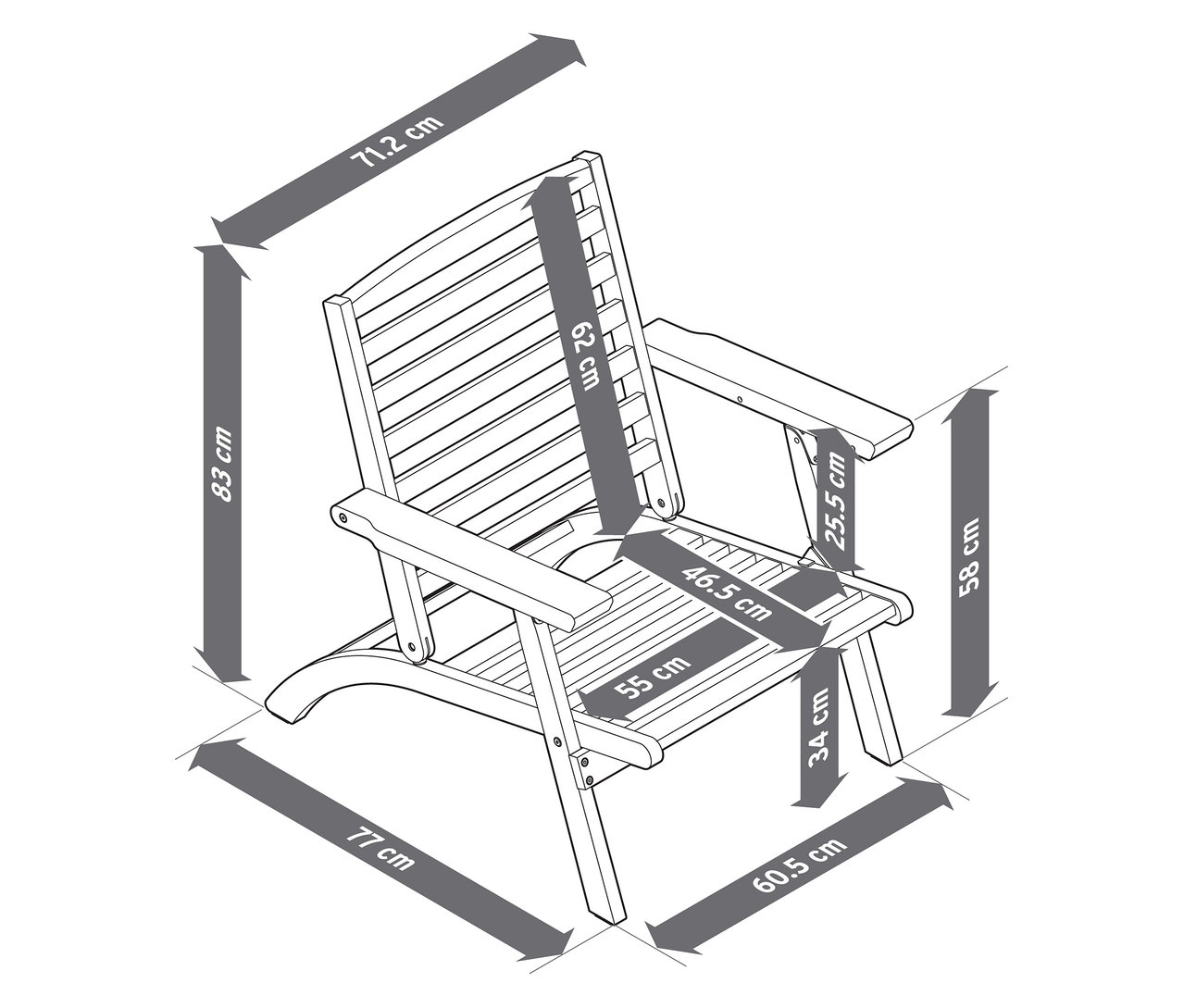 Pohľad zhora na záhradnú stoličku s rozmermi šírky a výšky v centimetroch.