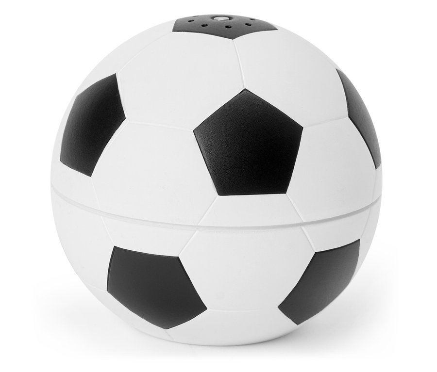 Nádoba v tvare futbalovej lopty so snímateľným vekom, stojaca na bielom povrchu.