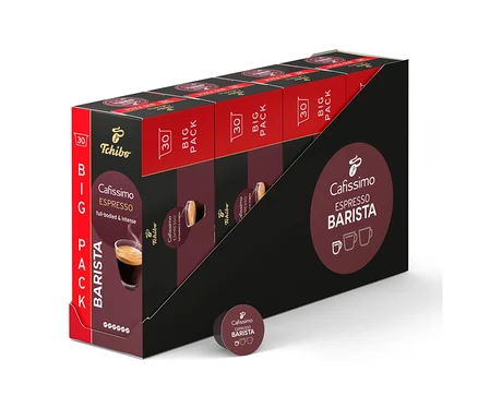 Balenie kapsúl Cafissimo Espresso Barista v čiernom držiaku, s jednou kapsulou vpredu.